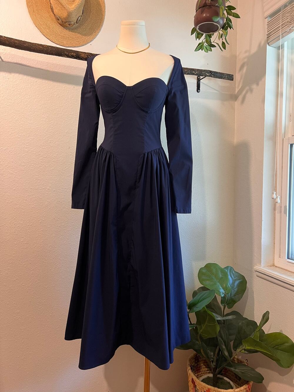 Marthea Navy Blue Corset Long Sleeve Midi Summer Dress Size XS
